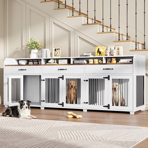 AMERLIFE 95" Large Dog Crate Furniture with Storage, 3-Room Indoor Wooden Dog Kennel for Large/Medium Dogs, TV Stand & Sideboard with Drawers & Removable Divider, Grey in Kuwait