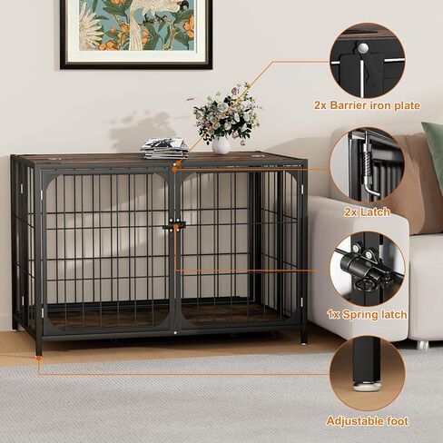 Himix Dog Crate Furniture, XL Dog Crate Furniture for Large Medium Dogs, Wood Dog Crate Table with Sturdy Metal, Heavy Duty Dog Kennel Indoor 40.15''x 25''x 27.56'' (Rustic Brown) in Kuwait