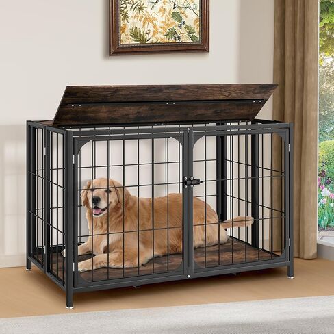 Himix Dog Crate Furniture, XL Dog Crate Furniture for Large Medium Dogs, Wood Dog Crate Table with Sturdy Metal, Heavy Duty Dog Kennel Indoor 40.15''x 25''x 27.56'' (Rustic Brown) in Kuwait