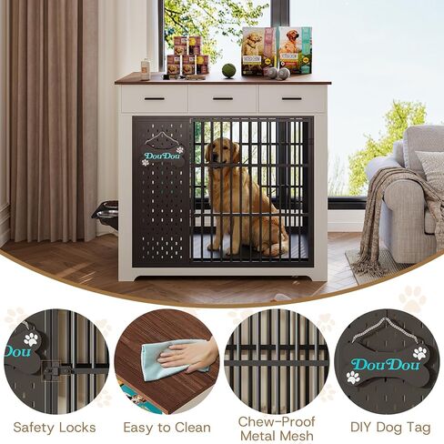 أثاث قفص للكلاب مقاس 45 بوصة للكلاب الكبيرة، بيت خشبي للكلاب داخلي شديد التحمل مع أوعية دوارة 360 درجة، 3 أدراج، لوحة اسم، صينية قابلة للسحب، طاولة نهاية المزرعة، أبيض وجوز in Kuwait