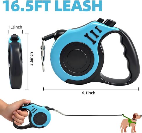 16.5Ft Retractable Dog Leash Dog Walking Leash 360° Tangle Free Walking with One-Handed Brake,Pause,Lock,Up to 33 lbs,Anti-Slip Rubberized Handle Lake Blue and Pink in Kuwait