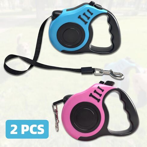 16.5Ft Retractable Dog Leash Dog Walking Leash 360° Tangle Free Walking with One-Handed Brake,Pause,Lock,Up to 33 lbs,Anti-Slip Rubberized Handle Lake Blue and Pink in Kuwait