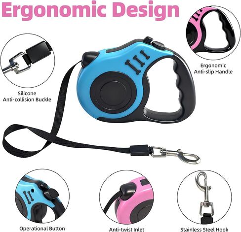 16.5Ft Retractable Dog Leash Dog Walking Leash 360° Tangle Free Walking with One-Handed Brake,Pause,Lock,Up to 33 lbs,Anti-Slip Rubberized Handle Lake Blue and Pink in Kuwait