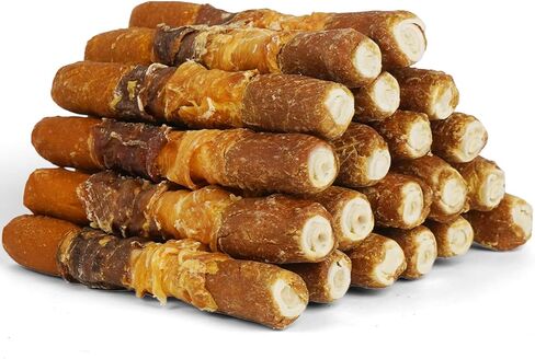 MON2SUN Dog Treats, 6 Inch Four Flavors Chicken Liver, Chicken, Duck & Pumpkin Wrapped Rawhide Rolls, Long-Lasting Chew Treats for Medium Dogs,17.6 oz (10 Count) in Kuwait