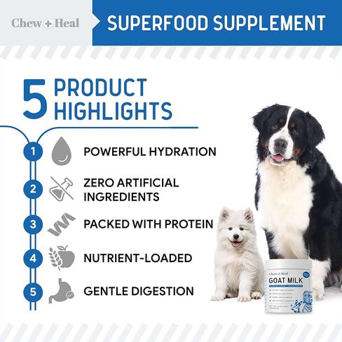 مسحوق حليب الماعز للكلاب من Chew + Heal Labs - 6 أوقية من الحليب المحمل بالمغذيات للكلاب الصغيرة والبالغة وكبار السن - مفيد لصحة العضلات والعظام والقلب - غني بالبروتين بدون إضافات - صنع في الولايات المتحدة الأمريكية in Kuwait