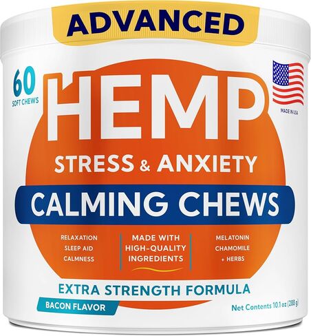 Advanced Calming Chews for Dogs - Hemp Treat + Melatonin + Valerian - Relaxing Bites - Calming Care - Stress Relief - Made in USA - Calm, Sleep Aid, Storms - 60Ct in Kuwait