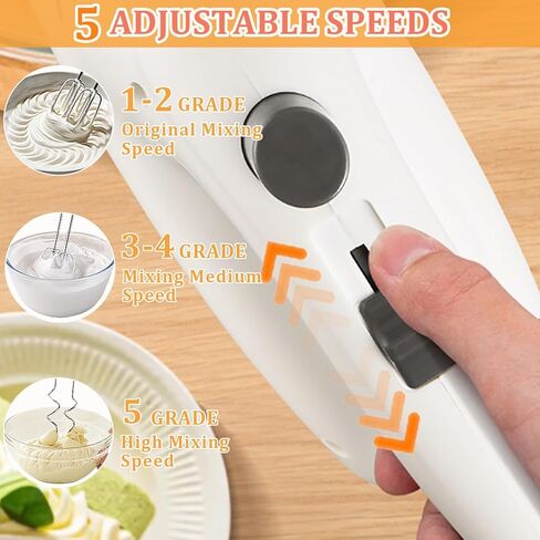 300W Hand Mixer Electric Handheld, 5 Speed Lightweight Kitchen Blender, Turbo Boost/Self-Control Speed Hand Held Beater Mixer with 4 Stainless Steel Whisks for Baking Cakes Eggs Cream, White in Kuwait
