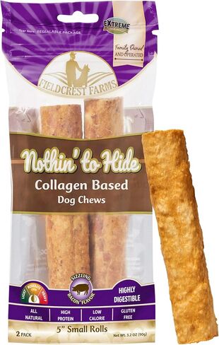Fieldcrest Farms Nothin’ to Hide Small Roll Dog Chews, 5" Bacon Flavor, 2 Pack – Highly Digestible Collagen Rolls for Moderate Chewers Under 35lbs in Kuwait