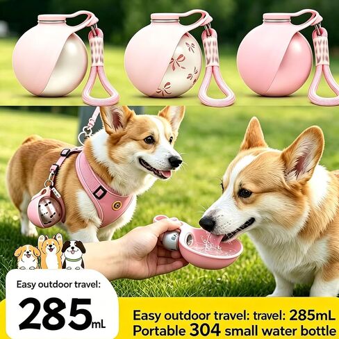 Portable Dog Water Bottle, 304 Stainless Steel Foldable Pet Water Cup, Leak-Proof Travel Water Dispenser with Foldable Silicone Bowl, 285ml Large Capacity for Dogs Cats Outdoor Walking Hiking in Kuwait