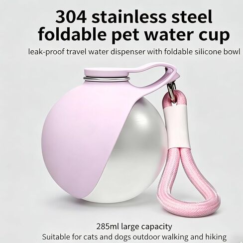 Portable Dog Water Bottle, 304 Stainless Steel Foldable Pet Water Cup, Leak-Proof Travel Water Dispenser with Foldable Silicone Bowl, 285ml Large Capacity for Dogs Cats Outdoor Walking Hiking in Kuwait
