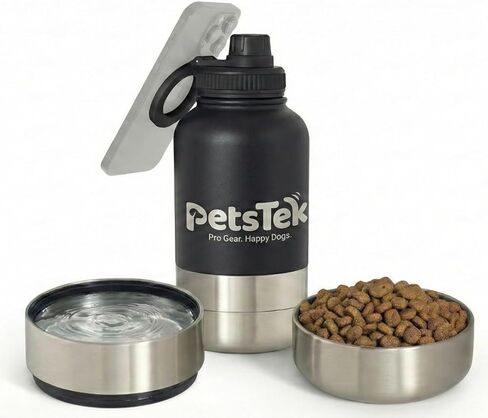 Portable Dog Water Bottle - 3 in 1 Insulated Stainless Steel Travel Bowl & Food Dispenser with Leak Proof Magnetic Lid - Dog Accessories for Walking, Hiking, Outdoor, Camping (32oz Black) in Kuwait