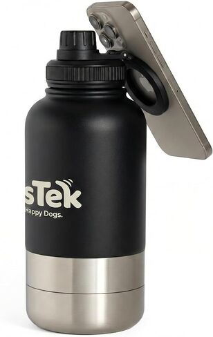 Portable Dog Water Bottle - 3 in 1 Insulated Stainless Steel Travel Bowl & Food Dispenser with Leak Proof Magnetic Lid - Dog Accessories for Walking, Hiking, Outdoor, Camping (32oz Black) in Kuwait