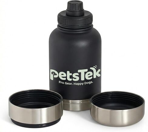 Portable Dog Water Bottle - 3 in 1 Insulated Stainless Steel Travel Bowl & Food Dispenser with Leak Proof Magnetic Lid - Dog Accessories for Walking, Hiking, Outdoor, Camping (32oz Black) in Kuwait