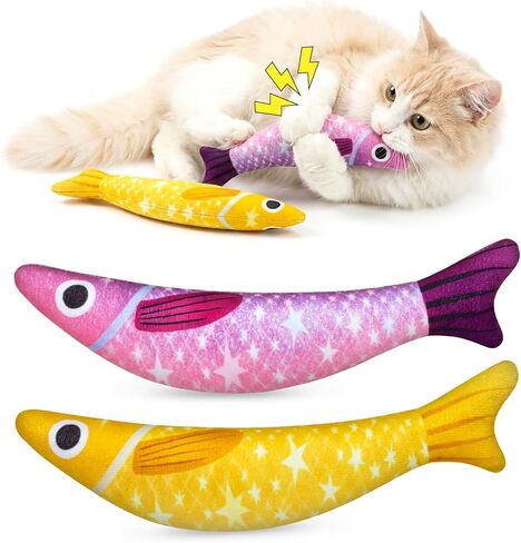Cat Toys with 5000mg A+Natural Catnip & Bell, Interactive Soft Chew Kicker Cat Toys for Indoor Cats & Kittens, [Crinkle &Bell] Fish Sound Toy, 2 Pack Fish Cat Toys Yellow Purple in Kuwait