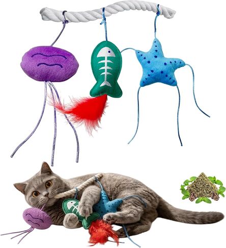 Happi N Pets Cats in Wonder 4-in-1 Ocean Catnip Toys, Detachable Cat Chew Rope with Large Plush Jellyfish, Starfish&Fish Toy with Feather, Interactive Kitten Teething Toys for Bored Indoor Adult Cats in Kuwait