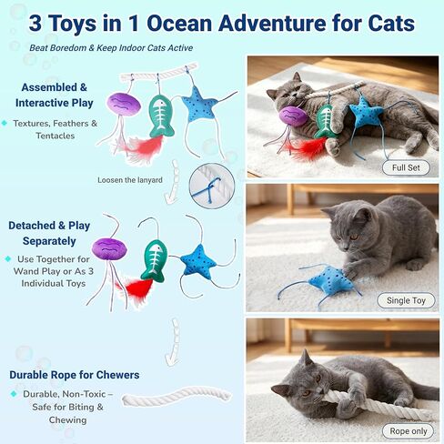 Happi N Pets Cats in Wonder 4-in-1 Ocean Catnip Toys, Detachable Cat Chew Rope with Large Plush Jellyfish, Starfish&Fish Toy with Feather, Interactive Kitten Teething Toys for Bored Indoor Adult Cats in Kuwait