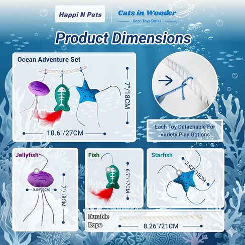 Happi N Pets Cats in Wonder 4-in-1 Ocean Catnip Toys, Detachable Cat Chew Rope with Large Plush Jellyfish, Starfish&Fish Toy with Feather, Interactive Kitten Teething Toys for Bored Indoor Adult Cats in Kuwait