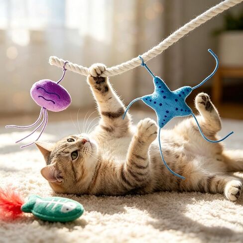 Happi N Pets Cats in Wonder 4-in-1 Ocean Catnip Toys, Detachable Cat Chew Rope with Large Plush Jellyfish, Starfish&Fish Toy with Feather, Interactive Kitten Teething Toys for Bored Indoor Adult Cats in Kuwait
