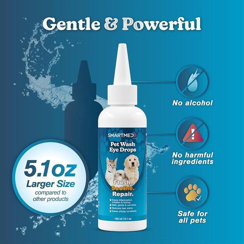 Large Pet Eye Wash 5.1 oz Gentle Eye Irritation Solution for Pets Removes Dirt, Debris & Tear Stains Safe for Daily Use in Saudi Arabia
