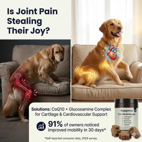 Pupganics Multivitamin Daily Soft Chews for Dogs, 5 in 1 multivitamin for Hip & Joint, Heart Health, Skin & Coat, Digestion & Immune Support, with Probiotics, Glucosamine, Vitamin A/D3/E (Beef) in Kuwait