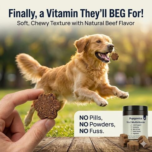 Pupganics Multivitamin Daily Soft Chews for Dogs, 5 in 1 multivitamin for Hip & Joint, Heart Health, Skin & Coat, Digestion & Immune Support, with Probiotics, Glucosamine, Vitamin A/D3/E (Beef) in Kuwait
