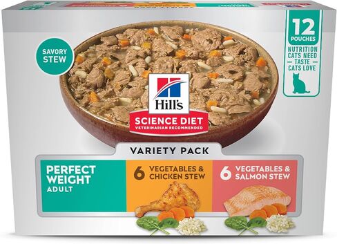 Hill's Science Diet Adult 1-6 Perfect Weight Wet Cat Food, Variety Pack: Chicken & Vegetables, Salmon & Vegetables Stew, 2.8 oz. Pouch, 12-Pack in Kuwait