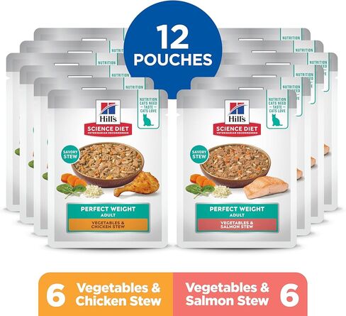 Hill's Science Diet Adult 1-6 Perfect Weight Wet Cat Food, Variety Pack: Chicken & Vegetables, Salmon & Vegetables Stew, 2.8 oz. Pouch, 12-Pack in Kuwait