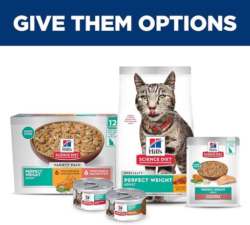 Hill's Science Diet Adult 1-6 Perfect Weight Wet Cat Food, Variety Pack: Chicken & Vegetables, Salmon & Vegetables Stew, 2.8 oz. Pouch, 12-Pack in Kuwait