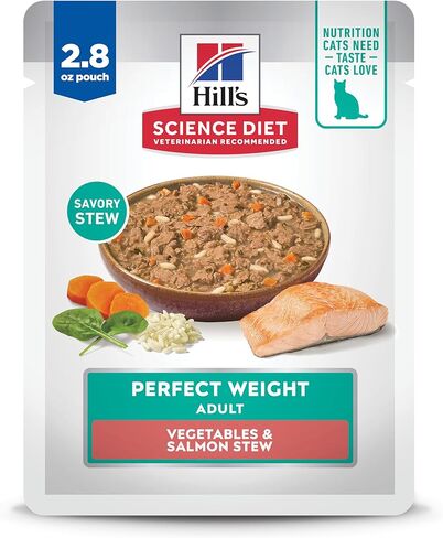 Hill's Science Diet Adult 1-6 Perfect Weight Wet Cat Food, Variety Pack: Chicken & Vegetables, Salmon & Vegetables Stew, 2.8 oz. Pouch, 12-Pack in Kuwait