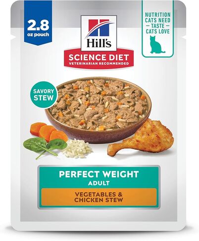 Hill's Science Diet Adult 1-6 Perfect Weight Wet Cat Food, Variety Pack: Chicken & Vegetables, Salmon & Vegetables Stew, 2.8 oz. Pouch, 12-Pack in Kuwait