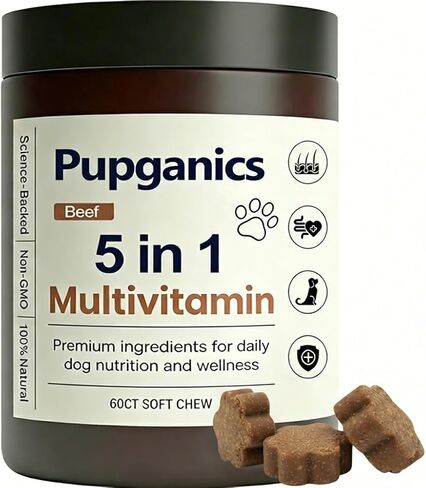 مضغ Pupganics متعدد الفيتامينات يوميًا ناعمًا، مضغ متعدد الفيتامينات لتخفيف الحكة للكلاب، فيتامينات طبيعية، جلد ومعطف صحي، الجهاز الهضمي وتعزيز المناعة، 60 مضغ (لحم البقر) in Kuwait