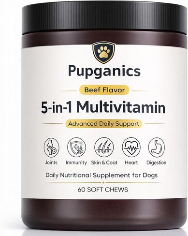 Pupganics مضغ يومي ناعم متعدد الفيتامينات للكلاب، Pupganics 5 في 1 متعدد الفيتامينات، فيتامين وبروبيوتيك للبشرة والشعر، صحة القلب، دعم المناعة، نكهة لحم البقر، 60 مضغ ناعم (1 قطعة) in Kuwait