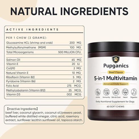 Pupganics مضغ يومي ناعم متعدد الفيتامينات للكلاب، Pupganics 5 في 1 متعدد الفيتامينات، فيتامين وبروبيوتيك للبشرة والشعر، صحة القلب، دعم المناعة، نكهة لحم البقر، 60 مضغ ناعم (1 قطعة) in Kuwait