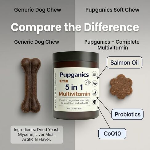 مضغ Pupganics متعدد الفيتامينات يوميًا ناعمًا، مضغ متعدد الفيتامينات لتخفيف الحكة للكلاب، فيتامينات طبيعية، جلد ومعطف صحي، الجهاز الهضمي وتعزيز المناعة، 60 مضغ (لحم البقر) in Kuwait