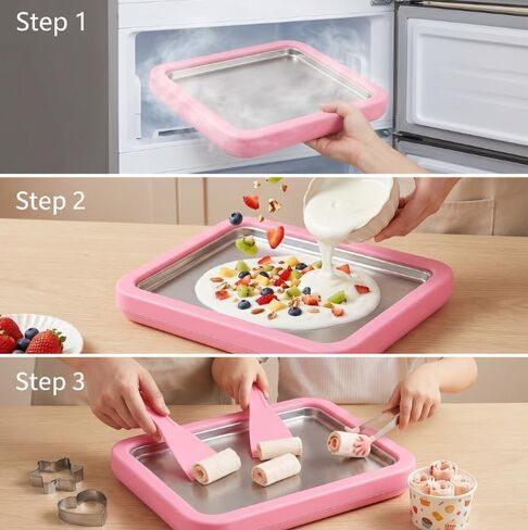 Rolled Ice Cream Maker with Tray, 2 Scrapers, 2 Molds & Clip, Instant Ice Cream Maker for Family Gatherings(Pink) in Kuwait