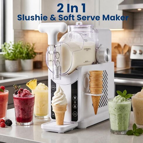 Soft Serve Ice Cream Machine - 67 oz Slushie Machine for Home, 2-In-1 Soft Ice Cream Slushy Maker with 5 Pre-Set Modes, No Ice Needed Frozen Drink Machine for Margarita, Milkshake, Frappés (White) in Kuwait