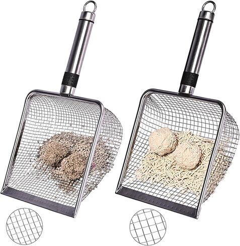 2-Pack Stainless Steel Cat Litter Scoop, 3.8mm Fine Mesh & 5mm Metal Scooper, 5.5-Inch Wide Deep Shovel, Long Handle, Rustproof Cat Poop Scooper for Clumping Litter, Multi-Pet & Beach Sand in Kuwait