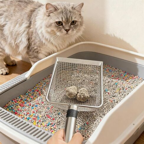 2-Pack Stainless Steel Cat Litter Scoop, 3.8mm Fine Mesh & 5mm Metal Scooper, 5.5-Inch Wide Deep Shovel, Long Handle, Rustproof Cat Poop Scooper for Clumping Litter, Multi-Pet & Beach Sand in Kuwait