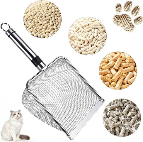 2-Pack Stainless Steel Cat Litter Scoop, 3.8mm Fine Mesh & 5mm Metal Scooper, 5.5-Inch Wide Deep Shovel, Long Handle, Rustproof Cat Poop Scooper for Clumping Litter, Multi-Pet & Beach Sand in Kuwait