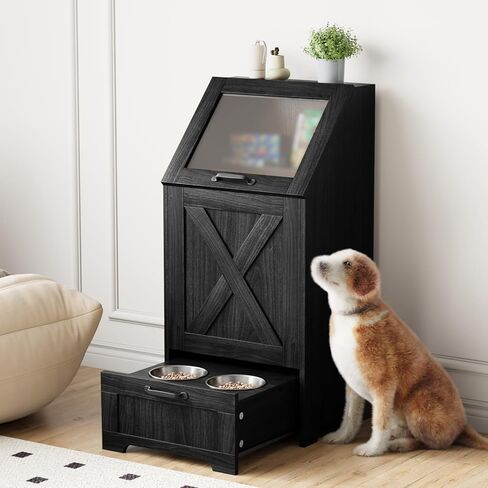 Dog Feeding Station,Dog Food Storage Cabinet,Pet Feeding Station with 2 Elevated Bowls,Hidden Pet Feeder Station with Hooks,Flip Top Pet Storage Organizer for Water,Feeding (Black) in Kuwait