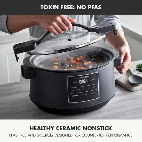 طباخ بطيء بغطاء قفل من GreenPan 8QT، وعاء قابل للإزالة من السيراميك غير لاصق وخالي من PFAS، حافة من السيليكون والزجاج، مناسب للسفر، متعدد الطباخ، موقد مسطح وآمن للفرن 400 درجة فهرنهايت، أجزاء آمنة للاستخدام في غسالة الأطباق، الجرافيت in Kuwait
