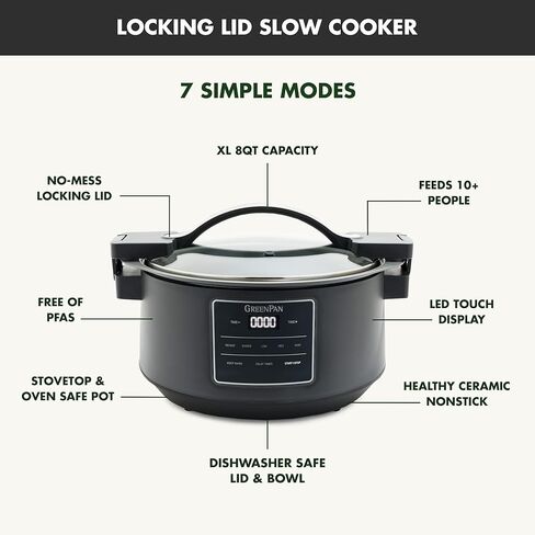 طباخ بطيء بغطاء قفل من GreenPan 8QT، وعاء قابل للإزالة من السيراميك غير لاصق وخالي من PFAS، حافة من السيليكون والزجاج، مناسب للسفر، متعدد الطباخ، موقد مسطح وآمن للفرن 400 درجة فهرنهايت، أجزاء آمنة للاستخدام في غسالة الأطباق، الجرافيت in Kuwait
