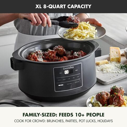 طباخ بطيء بغطاء قفل من GreenPan 8QT، وعاء قابل للإزالة من السيراميك غير لاصق وخالي من PFAS، حافة من السيليكون والزجاج، مناسب للسفر، متعدد الطباخ، موقد مسطح وآمن للفرن 400 درجة فهرنهايت، أجزاء آمنة للاستخدام في غسالة الأطباق، الجرافيت in Kuwait