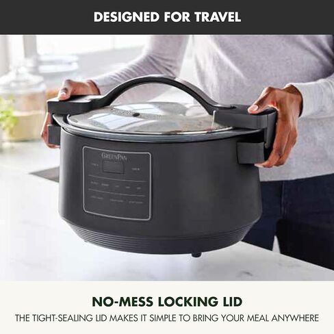 طباخ بطيء بغطاء قفل من GreenPan 8QT، وعاء قابل للإزالة من السيراميك غير لاصق وخالي من PFAS، حافة من السيليكون والزجاج، مناسب للسفر، متعدد الطباخ، موقد مسطح وآمن للفرن 400 درجة فهرنهايت، أجزاء آمنة للاستخدام في غسالة الأطباق، الجرافيت in Kuwait