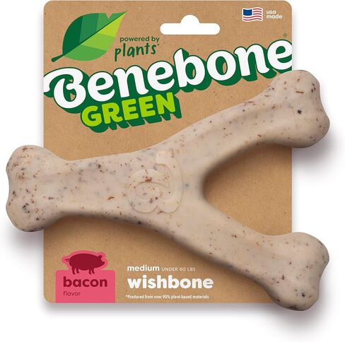 Dog Bones for Modest Chewers: Benebone Green Plant-Based Real Bacon Wishbone Dog Chew Toy for Medium Dogs, Made in USA in Kuwait