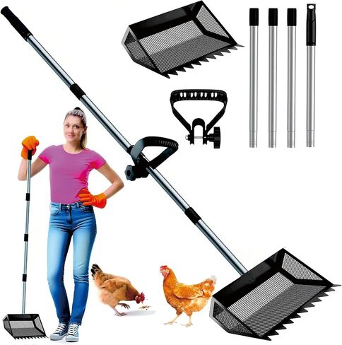 Chicken Poop Scooper & Rake 3-in-1, Metal Coop Shovel, Sand Sifting Shovel, Pet Waste Cleans. Litter Sifting Cleaning Tool with 35" to 62" Adjustable Stainless Steel Handlele in Kuwait
