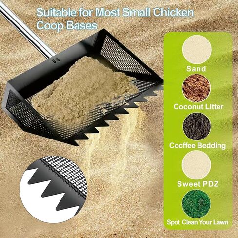 Chicken Poop Scooper & Rake 3-in-1, Metal Coop Shovel, Sand Sifting Shovel, Pet Waste Cleans. Litter Sifting Cleaning Tool with 35" to 62" Adjustable Stainless Steel Handlele in Kuwait