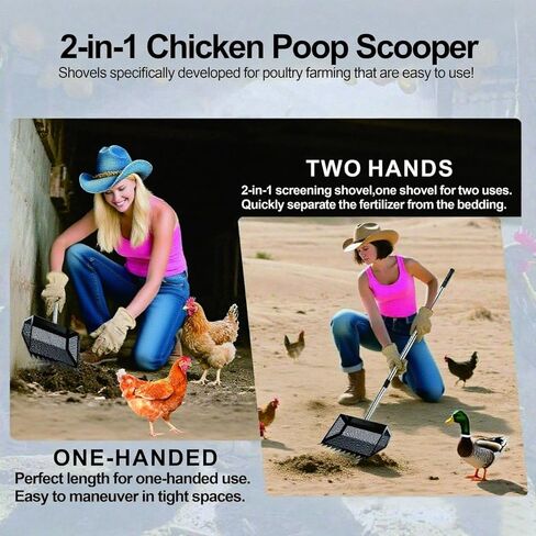 Chicken Poop Scooper & Rake 3-in-1, Metal Coop Shovel, Sand Sifting Shovel, Pet Waste Cleans. Litter Sifting Cleaning Tool with 35" to 62" Adjustable Stainless Steel Handlele in Kuwait