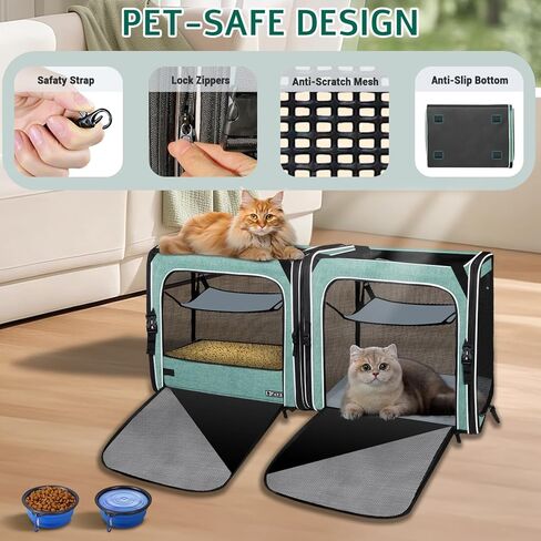 Petskd 2 في 1 حامل سفر مزدوج للقطط مع صندوق فضلات، حامل قطط مزدوج كبير للغاية مقاس 38 بوصة × 17 بوصة × 18 بوصة للعديد من القطط، حامل قطط محمول مع أقفال سحاب لرحلات طريق أطول (أخضر) in Kuwait