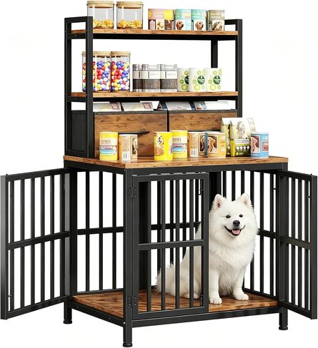 HIGDBFE Dog Crate Furniture with Drawer & Shelf, 25.5" Small Dog Crate with Lockable Doors, Indoor Dog Kennel Furniture for Medium, Small Dogs, Anti-Chew Dog Cage with Storage, Rustic Brown, 43.7" H in Kuwait